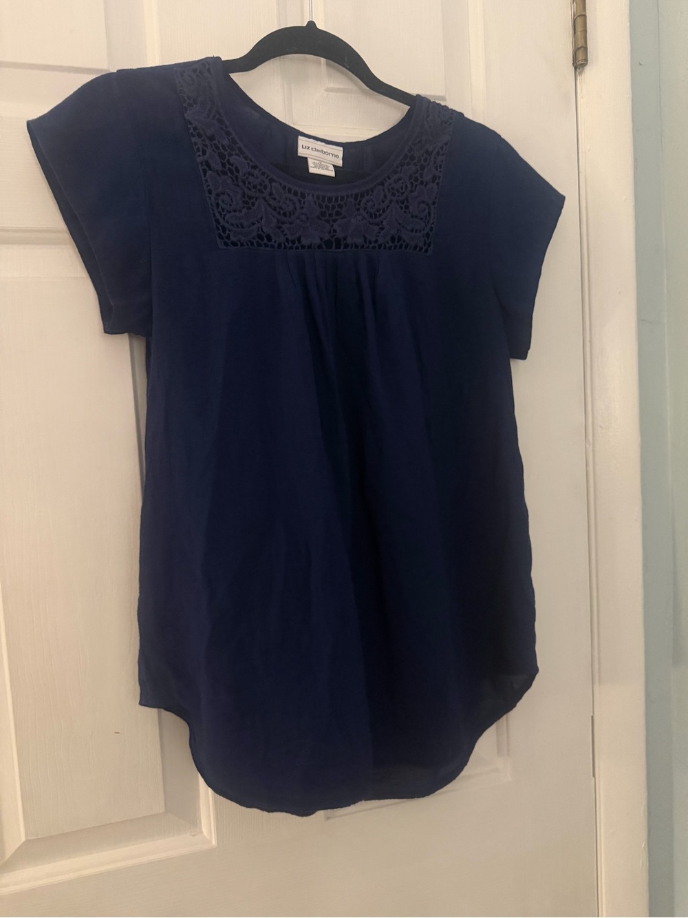Liz Claiborne Medium Navy Blue Crochet Lace Yoke Short Sleeve Blouse